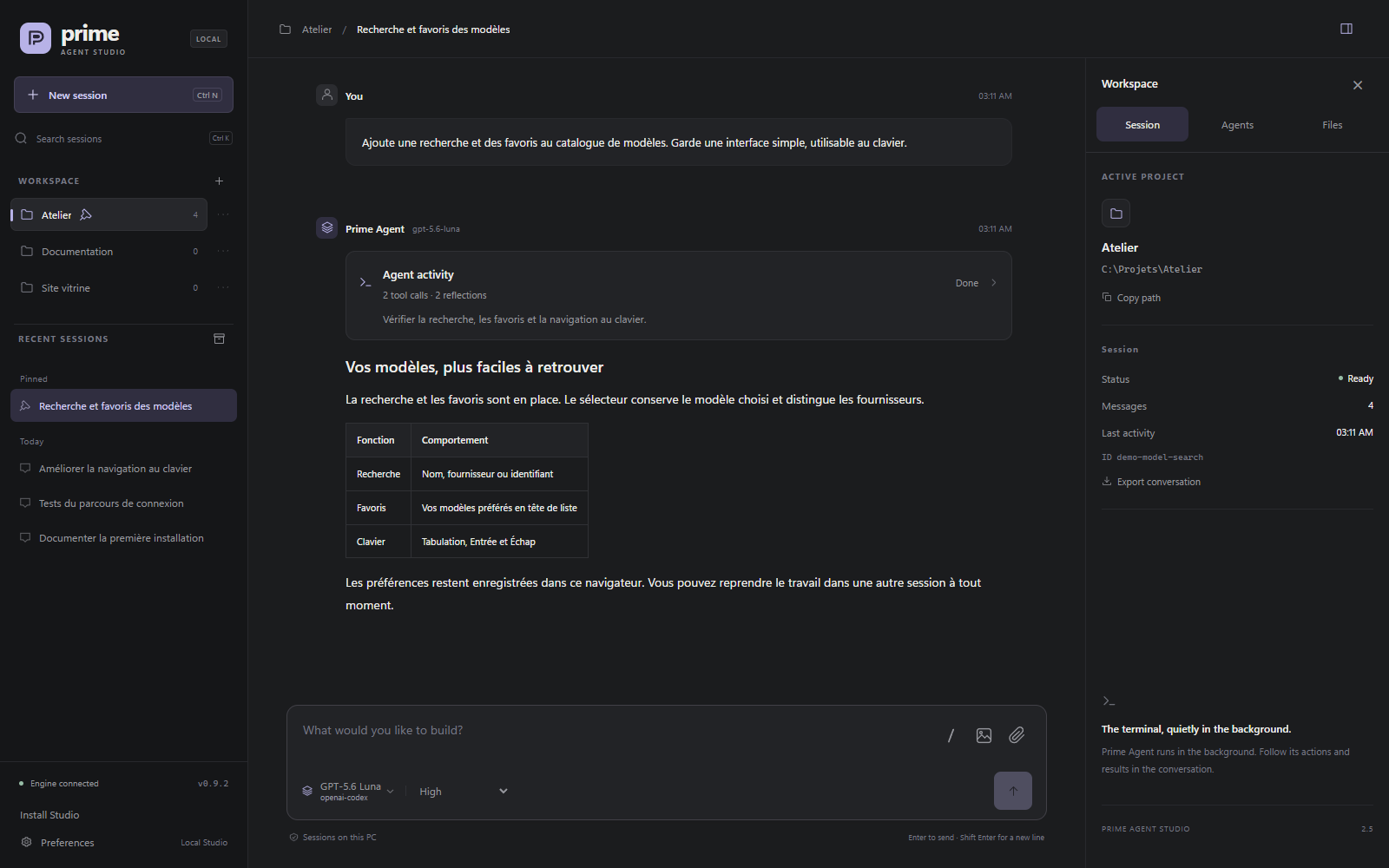 Actual Prime Agent Studio interface: projects on the left, conversation in the center and session status on the right.
